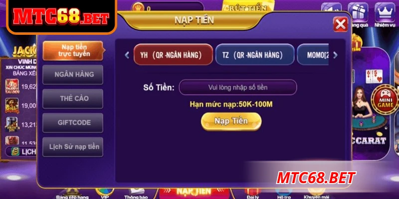 Để nạp tiền thì người chơi có thể lựa chọn nhiều phương thức khác nhau