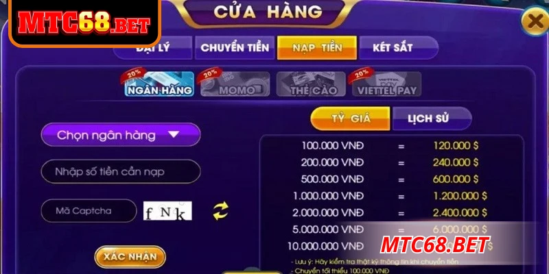 Thao tác nạp tiền MTC68 không quá phức tạp cho các game thủ